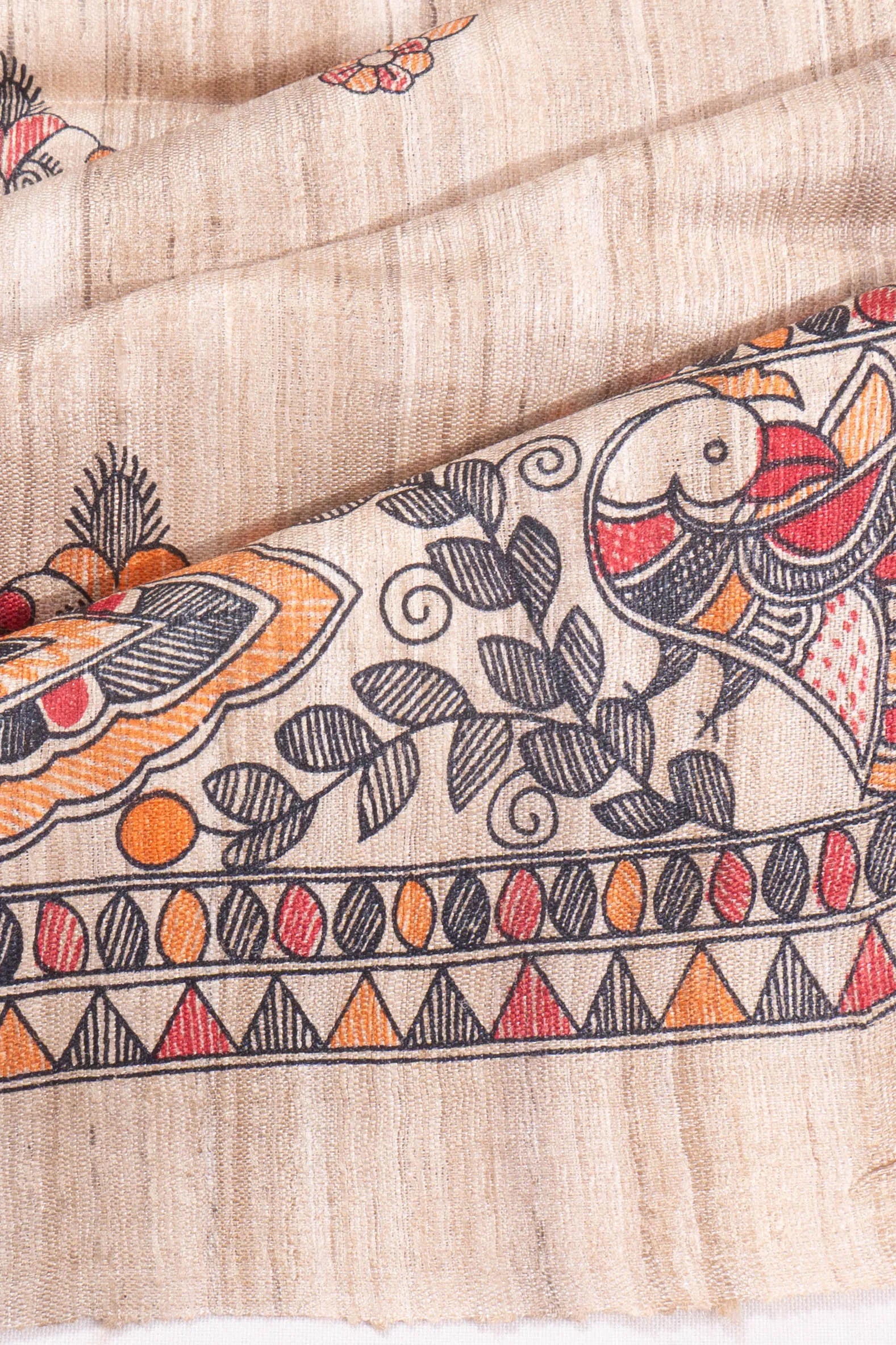 Tussar Madhubani Hand Painted Beige Saree