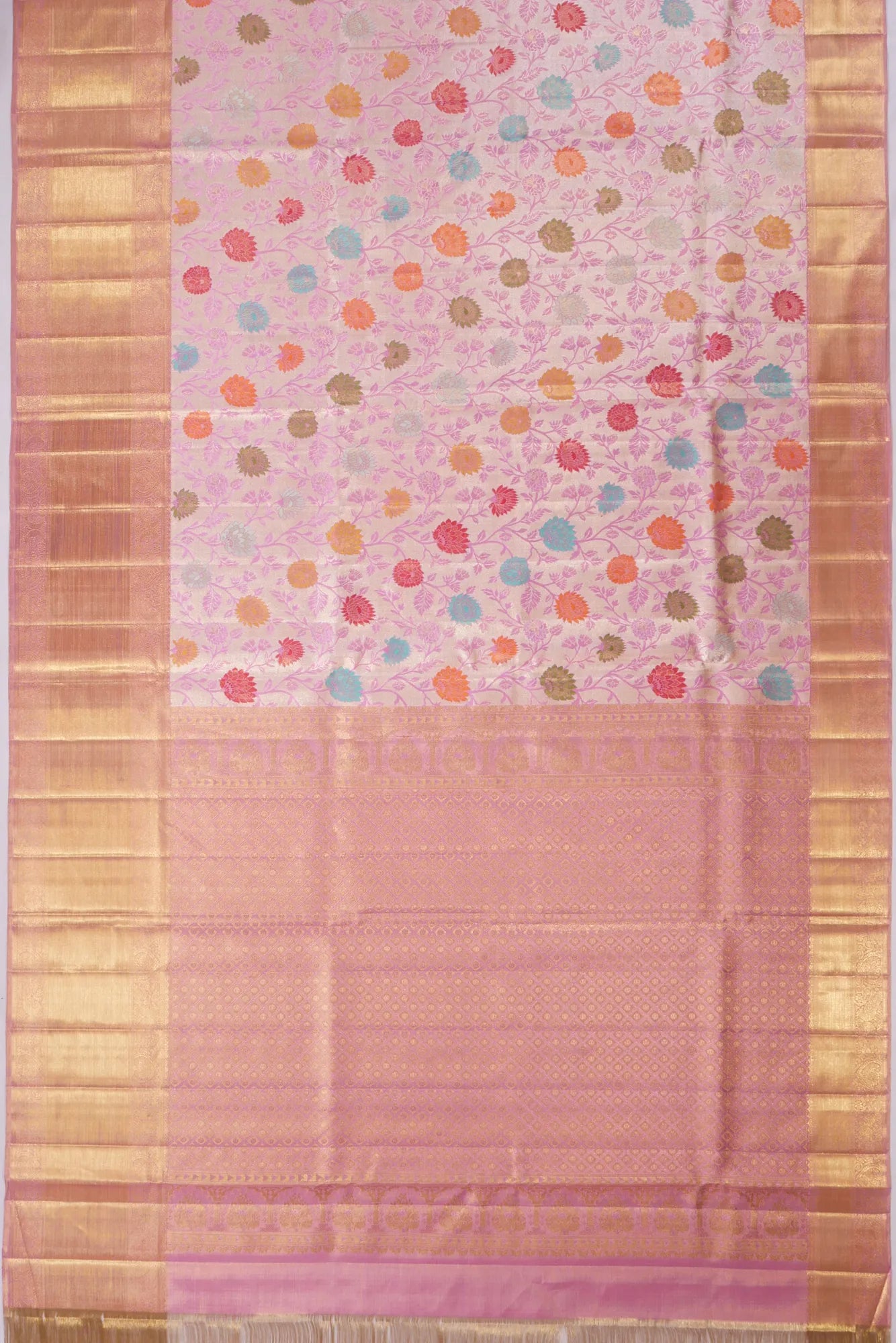 Kankatala Kanchipuram Silk Tissue Meenakari Jaal Baby Pink Saree g2