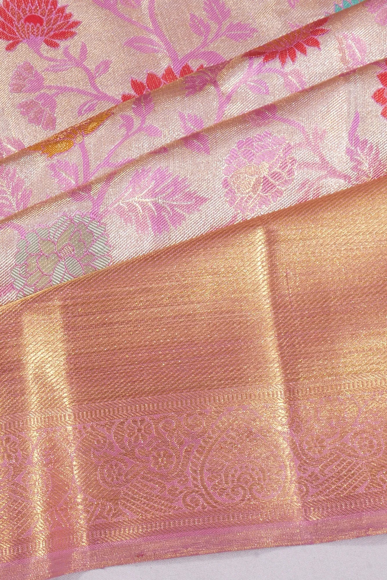 Kanchipuram Silk Tissue Meenakari Jaal Baby Pink Saree
