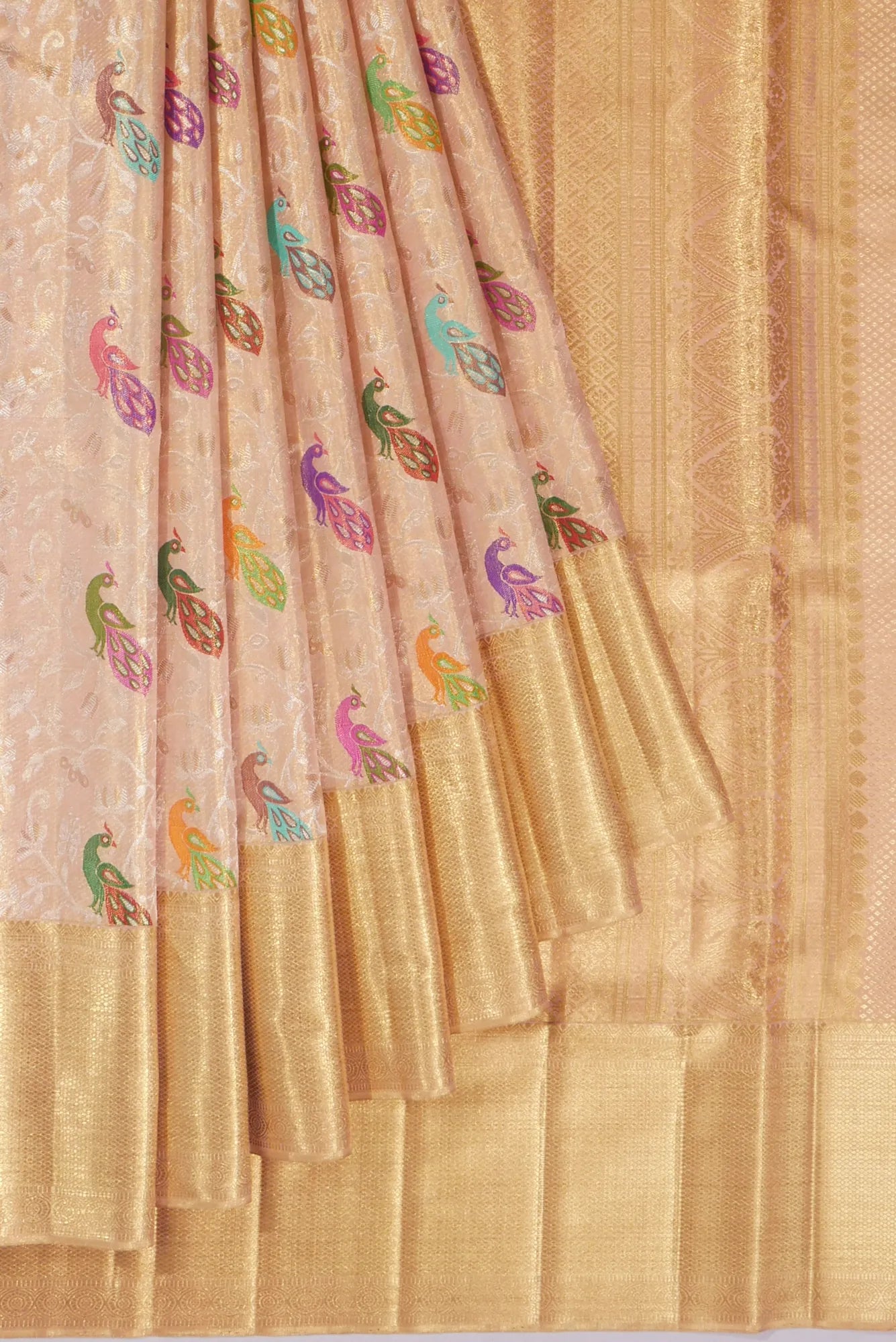 Kankatala Kanchipuram Silk Tissue Meenakari Jaal Peach Saree g2