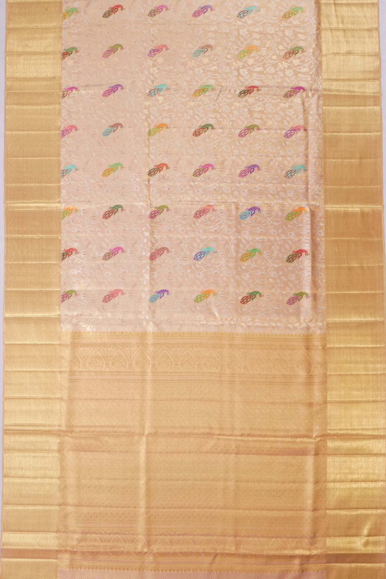 Kankatala Kanchipuram Silk Tissue Meenakari Jaal Peach Saree g2