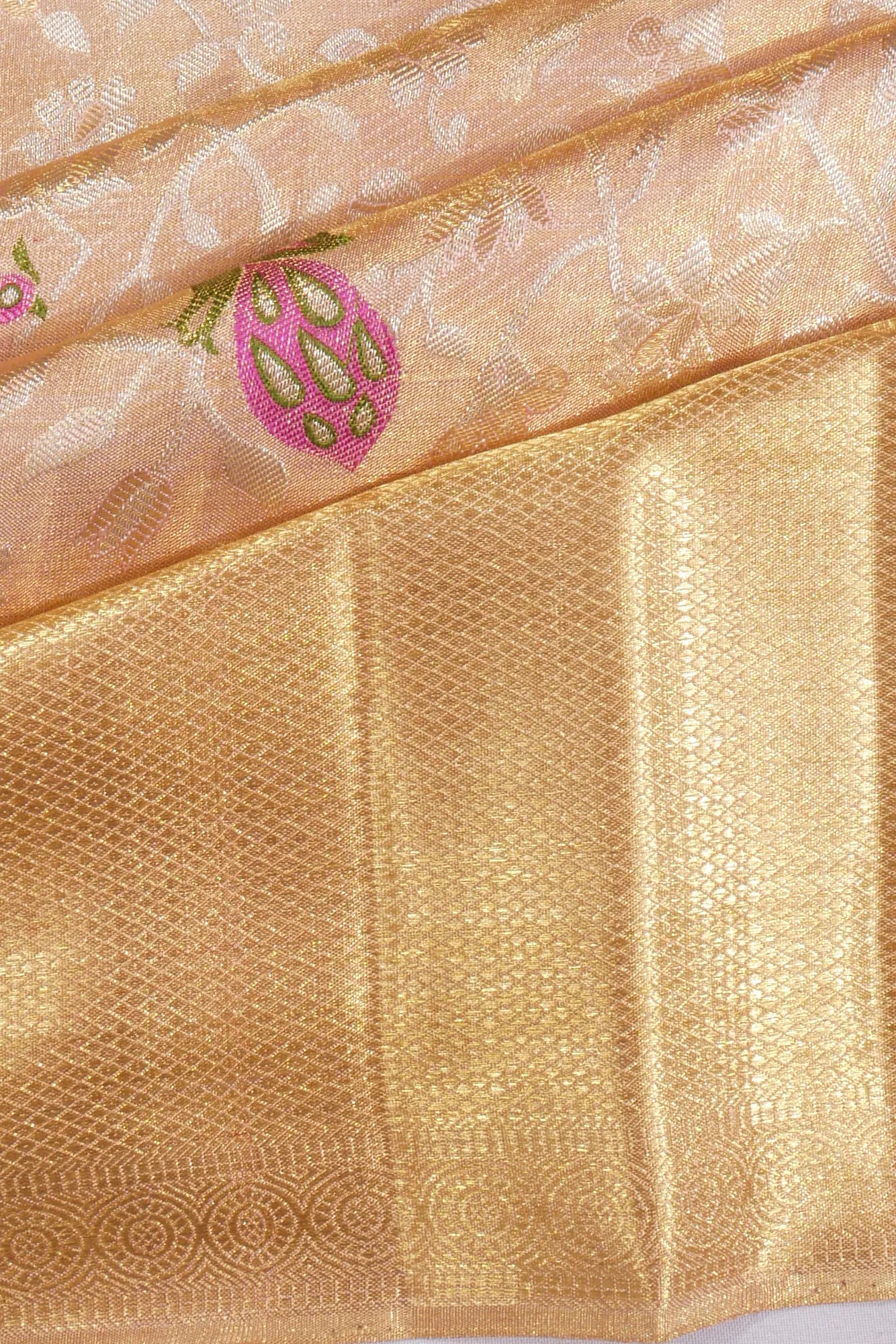 Kankatala Kanchipuram Silk Tissue Meenakari Jaal Peach Saree g2