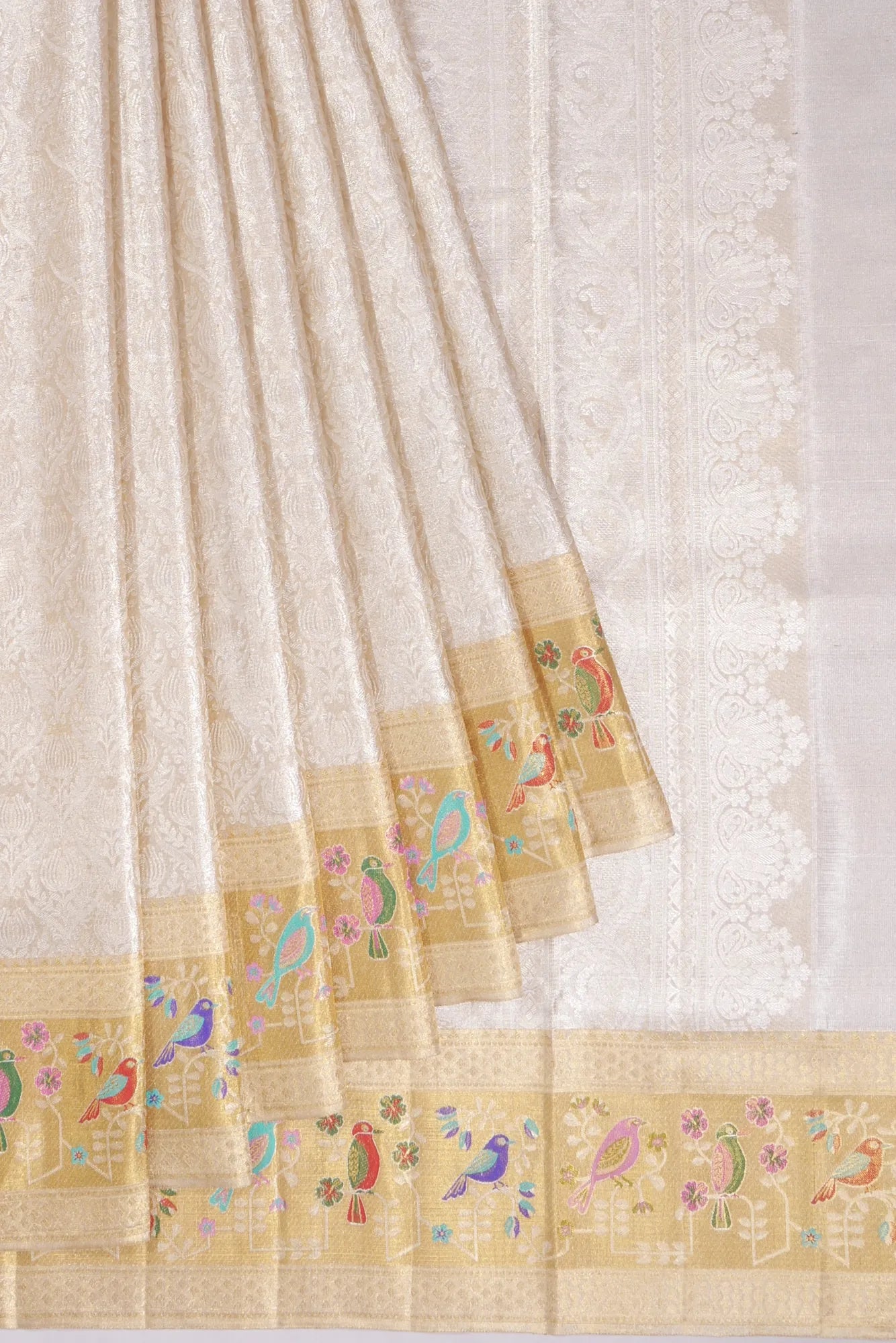 Kanchipuram Silk Tissue Brocade Silver Saree