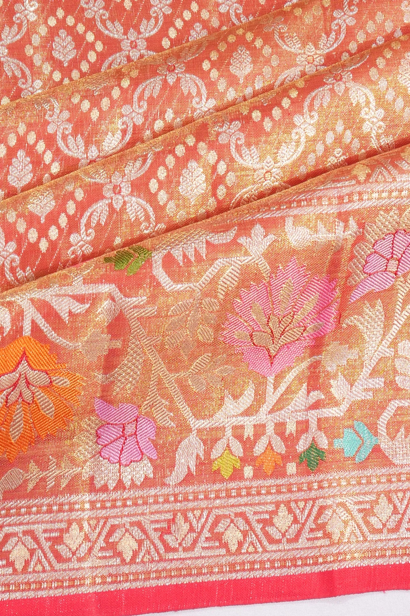 Kanchipuram Silk Tissue Brocade Orange Saree