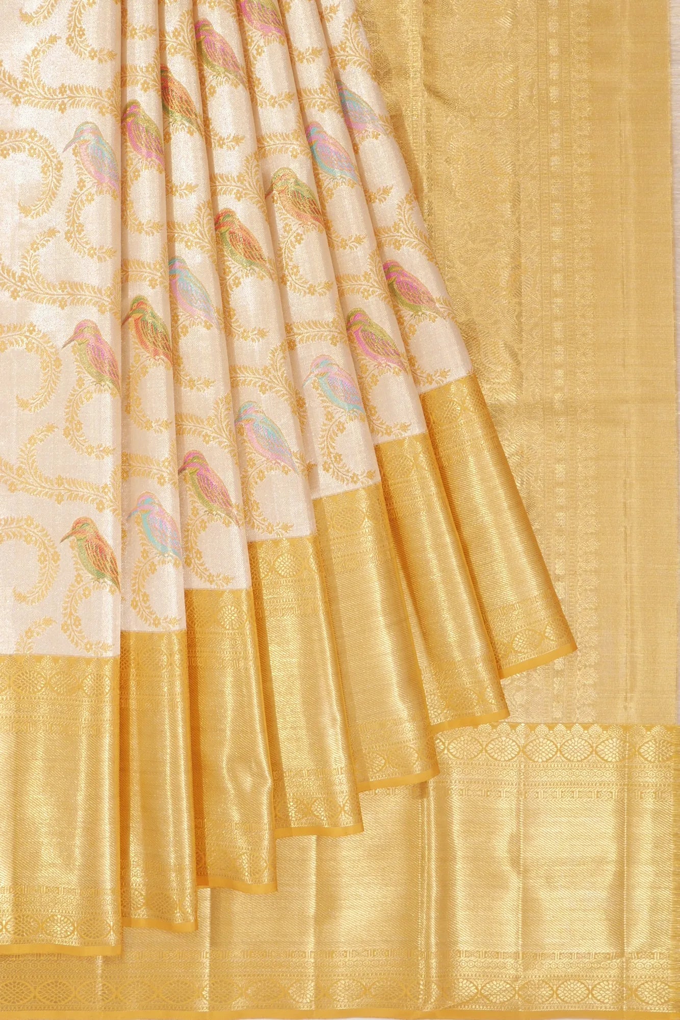 Kanchipuram Silk Tissue Meenakari Jaal Gold Saree