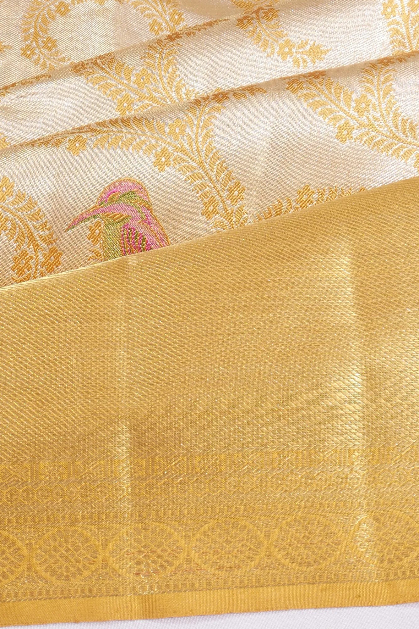 Kanchipuram Silk Tissue Meenakari Jaal Gold Saree