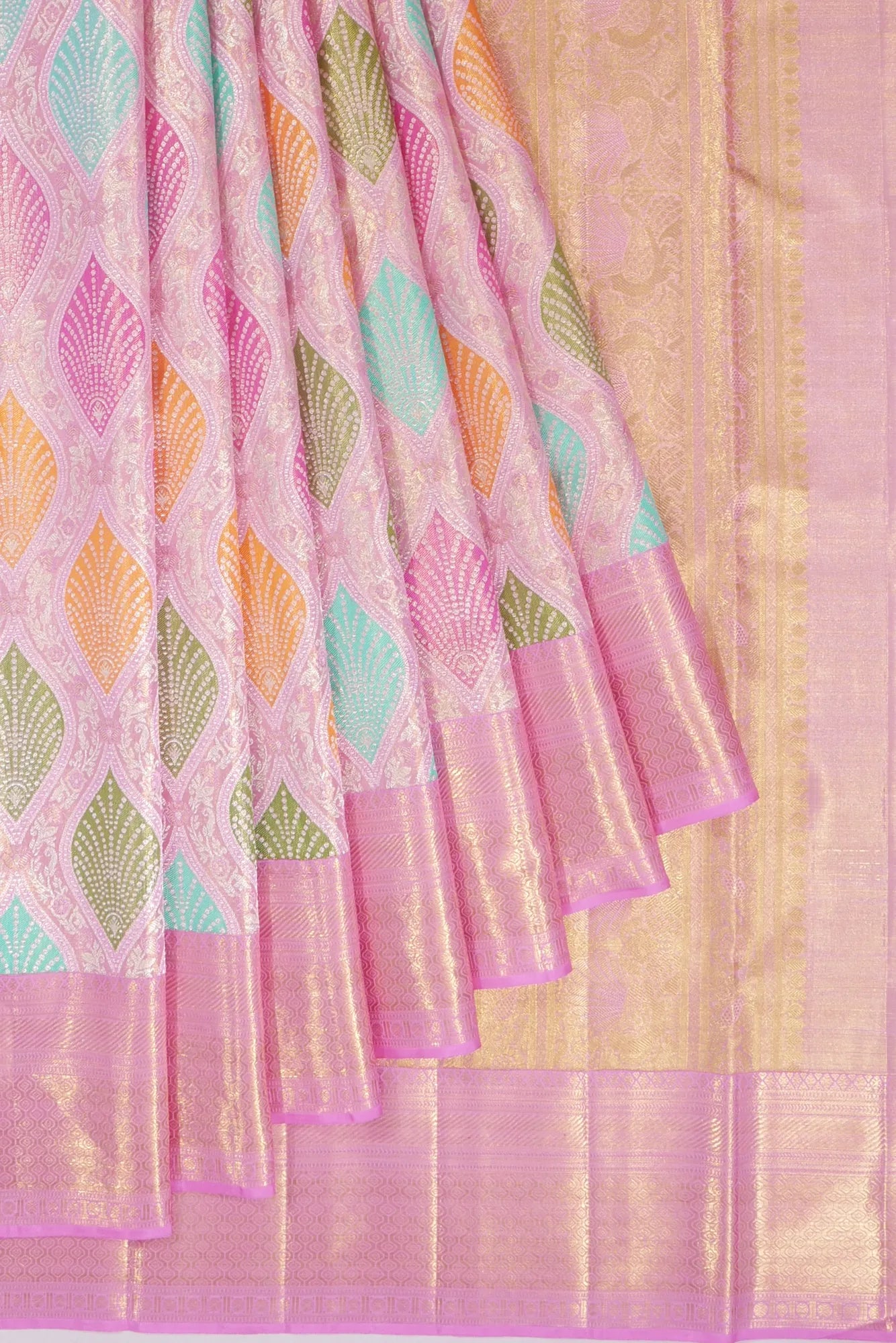 Kankatala Kanchipuram Silk Tissue Meenakari Brocade Pink Saree g2
