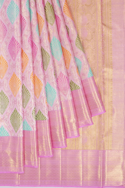 Kankatala Kanchipuram Silk Tissue Meenakari Brocade Pink Saree g2
