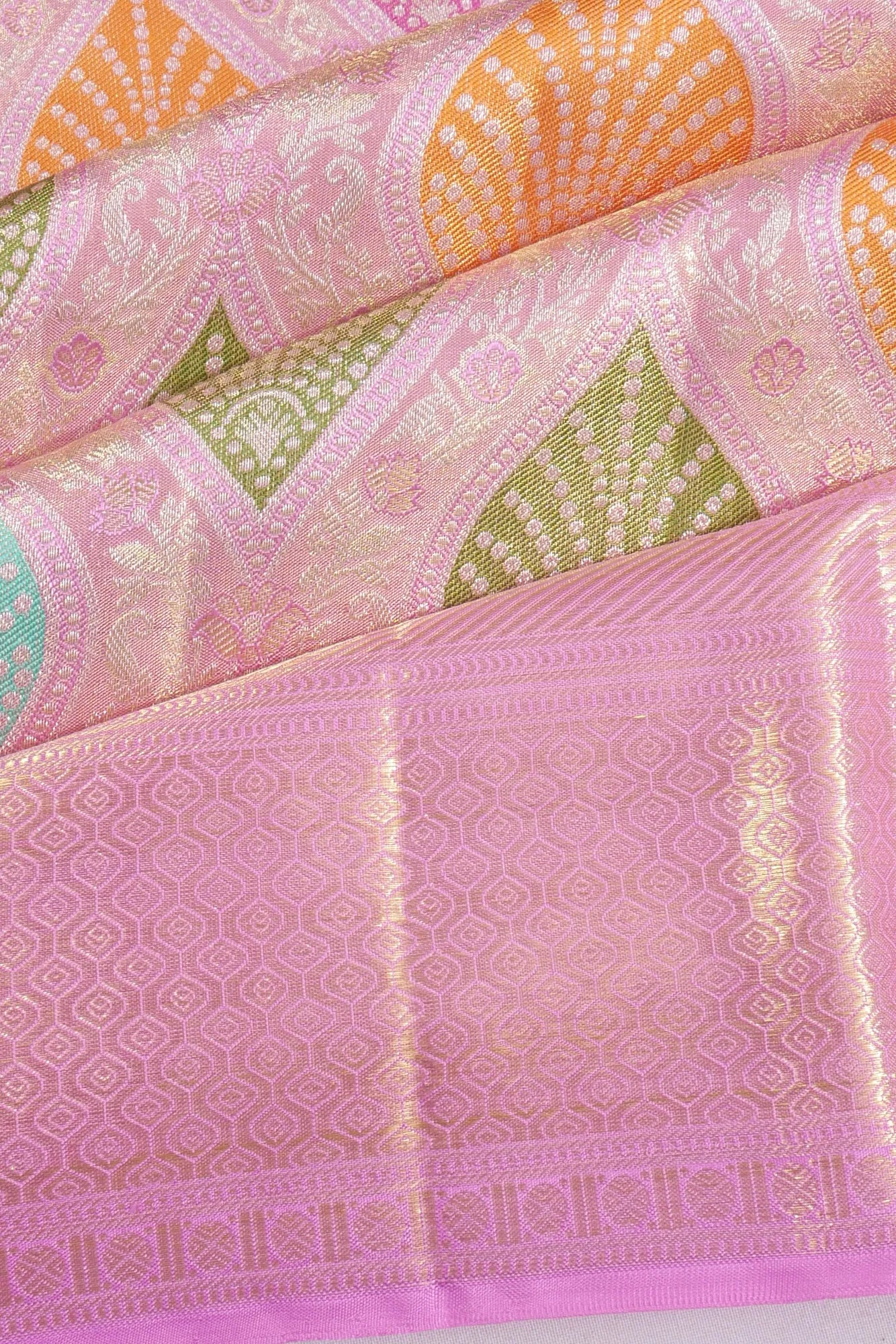 Kankatala Kanchipuram Silk Tissue Meenakari Brocade Pink Saree g2