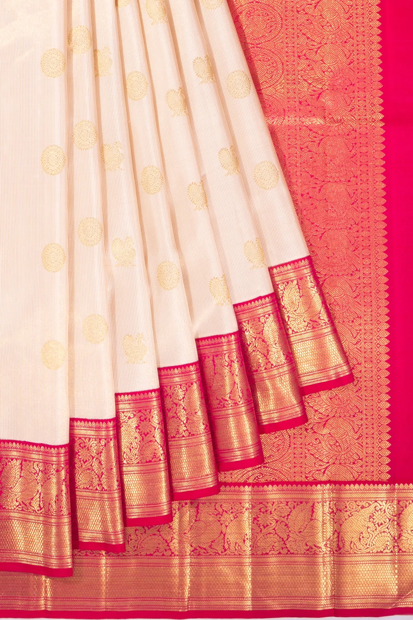 Kankatala Kanchipuram Silk Vertical Lines And Butta Cream Saree g2