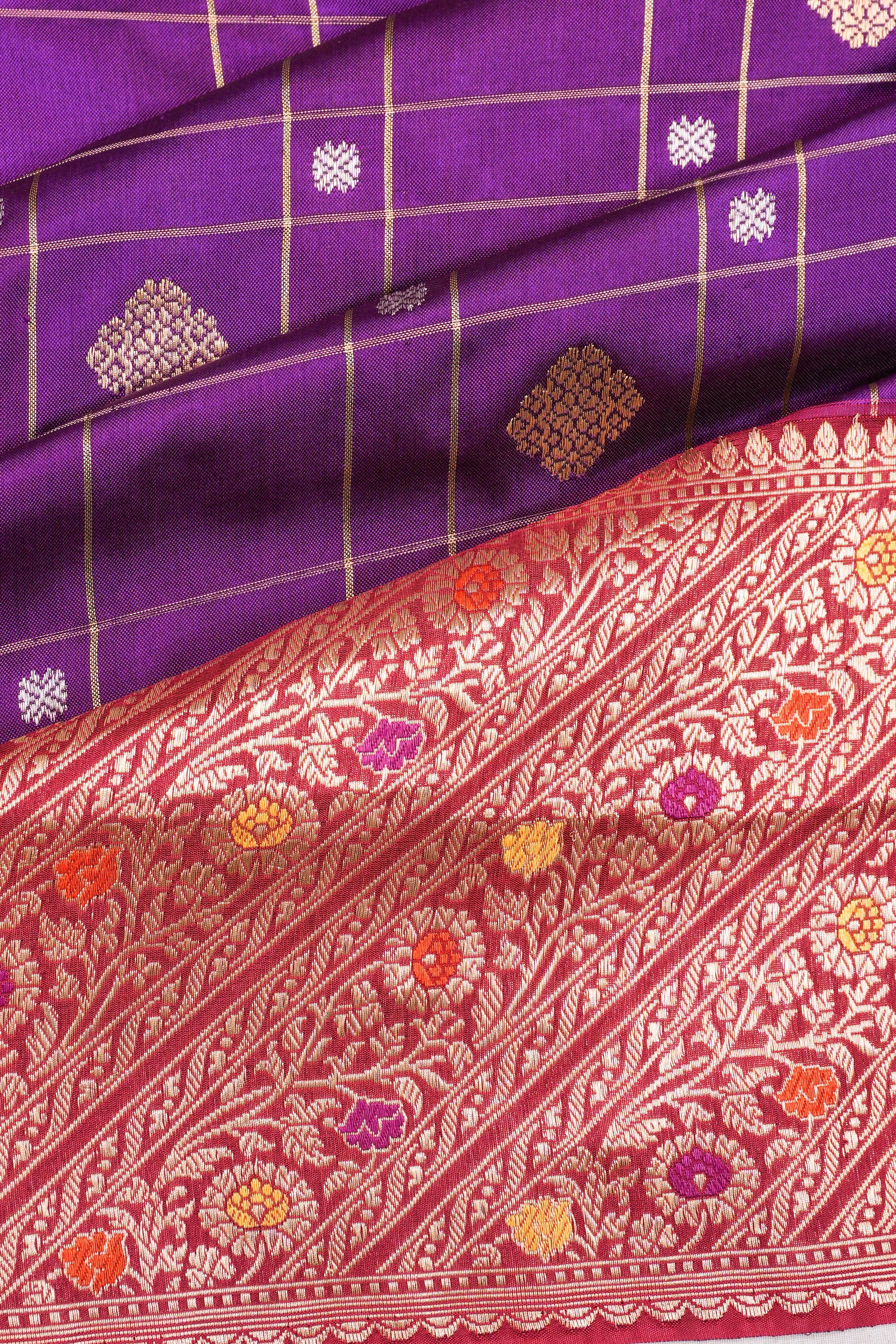 Banarasi Silk Checks And Butta Purple Saree