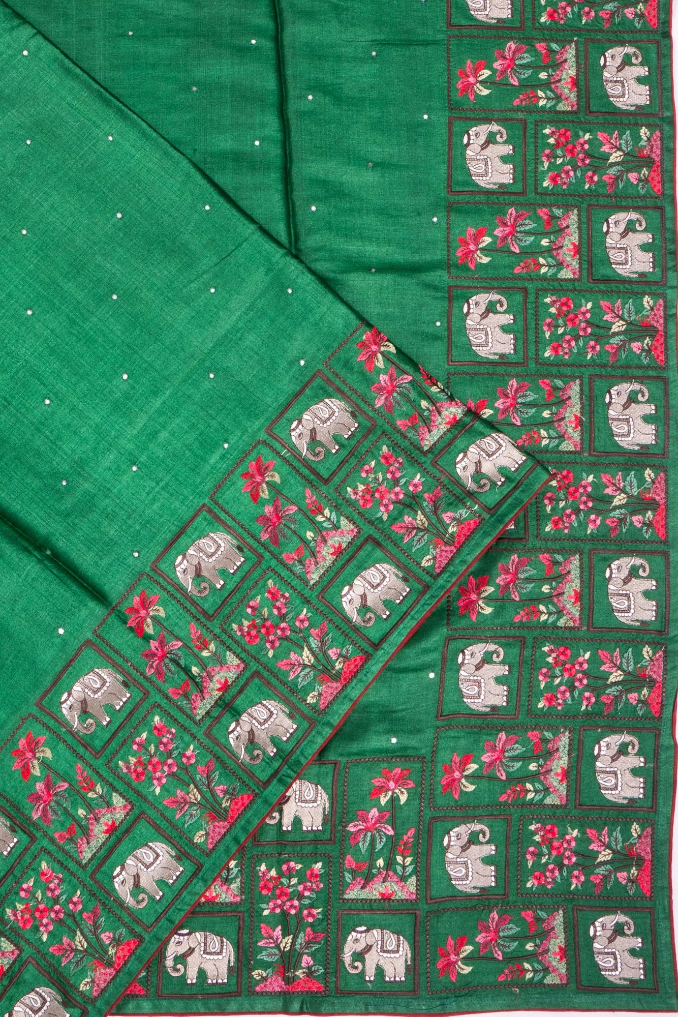 Tussar Mirror Butta Dark Green Saree With Embroidery Border
