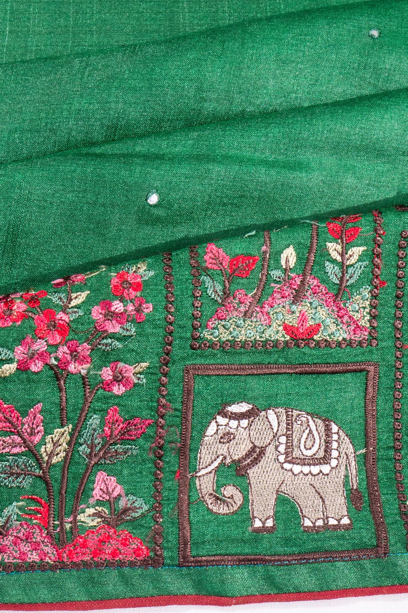 Tussar Mirror Butta Dark Green Saree With Embroidery Border