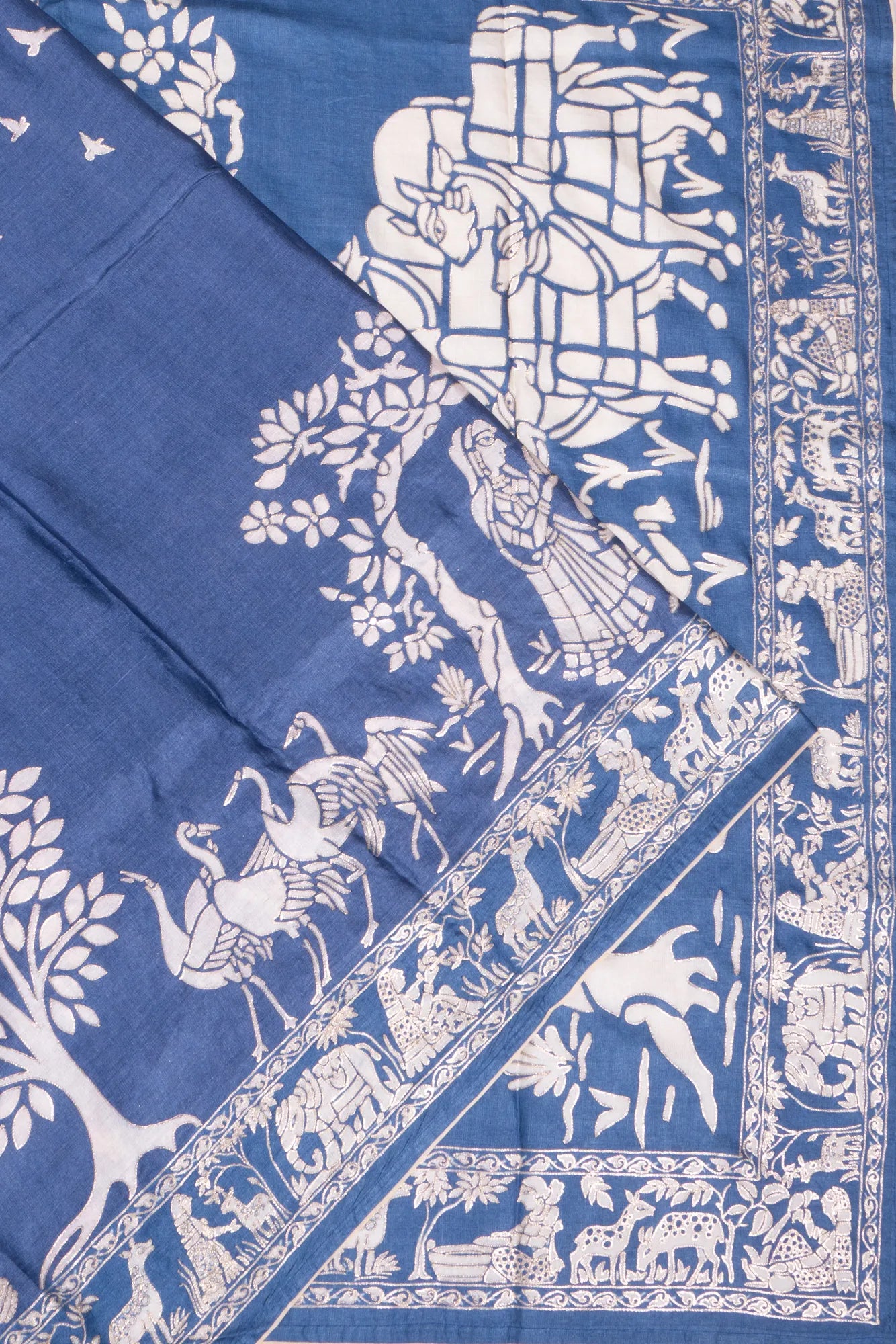 Tussar Printed And Embroidery Blue Saree