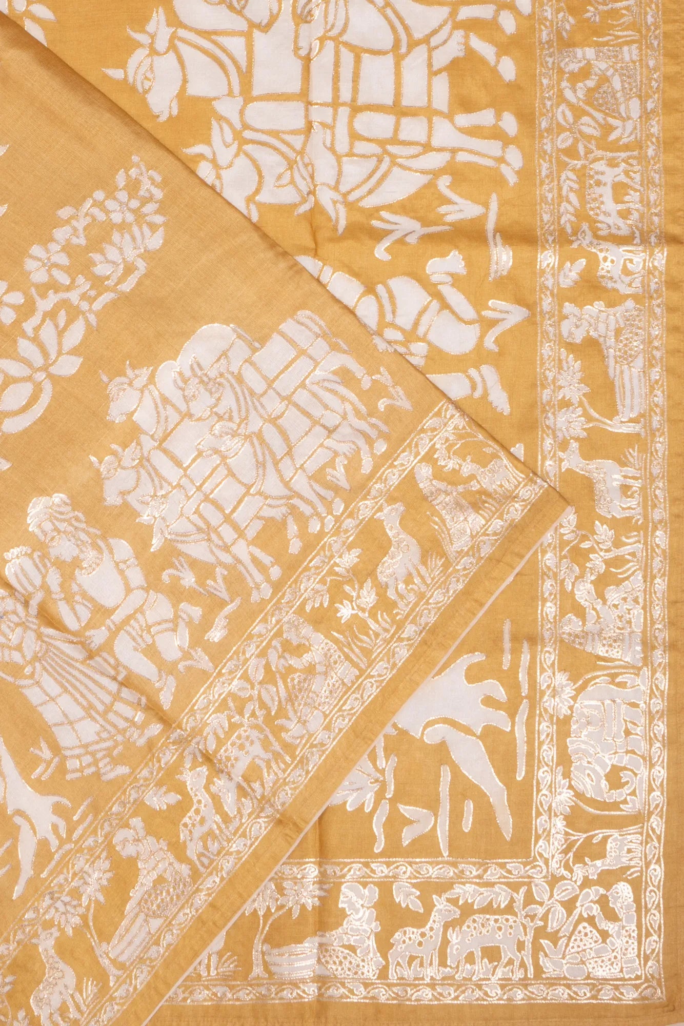 Tussar Printed And Embroidery Yellow Saree