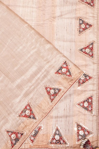 Kankatala Tussar Plain Beige Saree With Attached Batik Printed Border g2