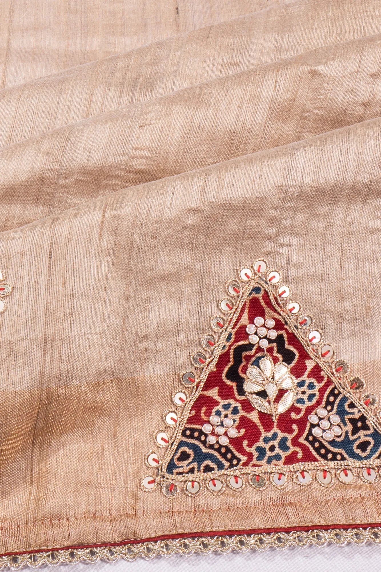 Kankatala Tussar Plain Beige Saree With Attached Batik Printed Border g2