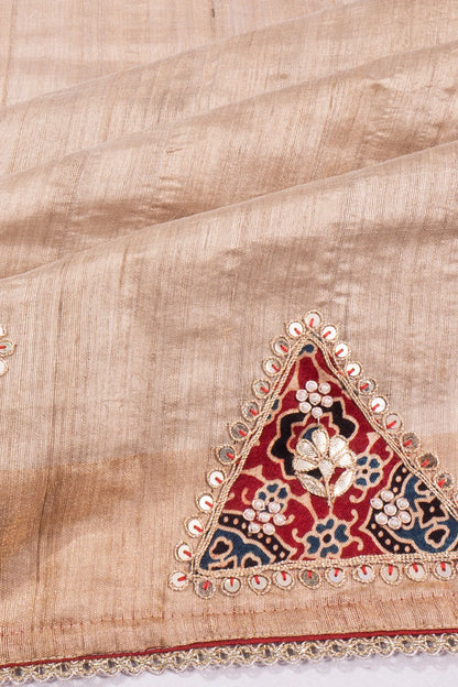 Kankatala Tussar Plain Beige Saree With Attached Batik Printed Border g2