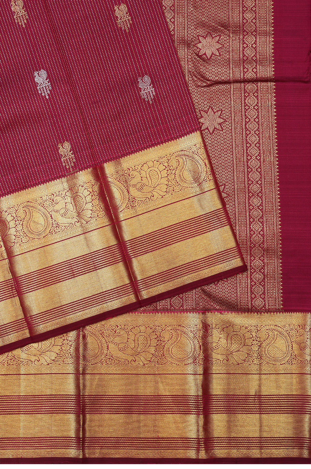 Taranga Kanchi Silk Vertical Lines And Butta Maroon Saree