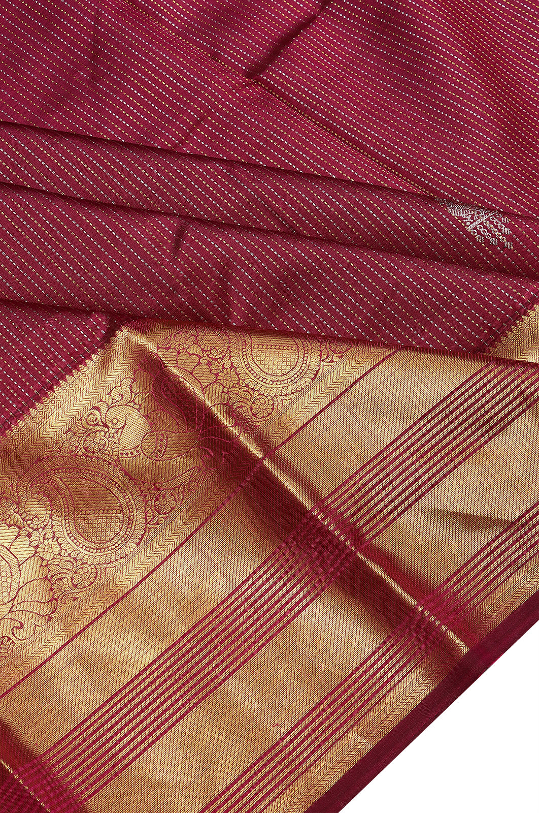 Taranga Kanchi Silk Vertical Lines And Butta Maroon Saree