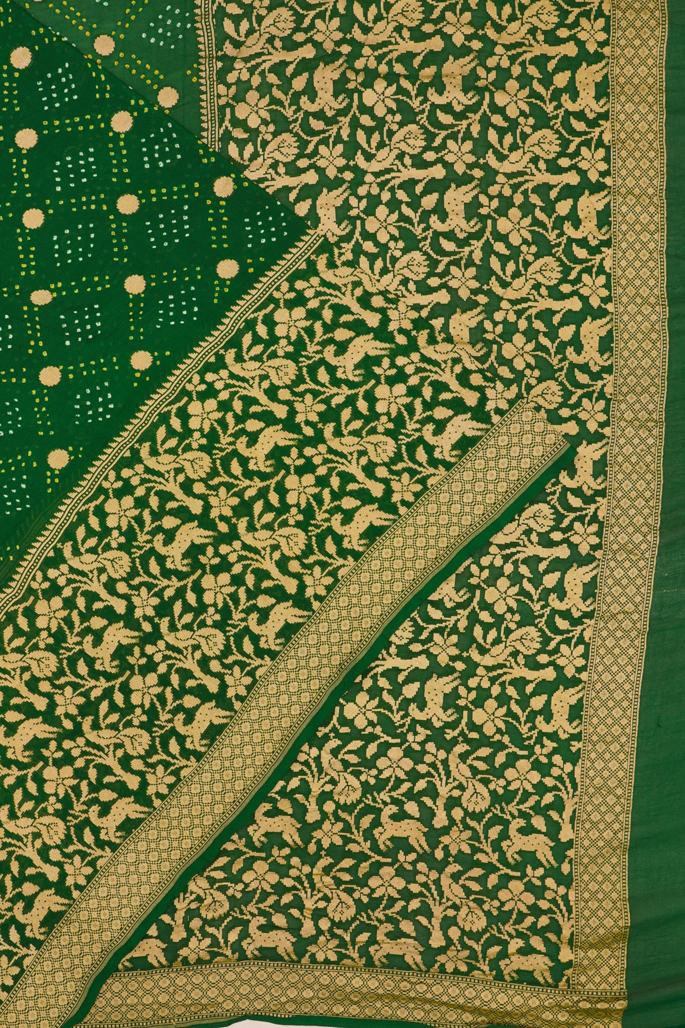 Banarasi Silk Bandhani Butta Dark Green Saree