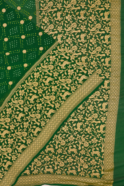 Banarasi Silk Bandhani Butta Dark Green Saree