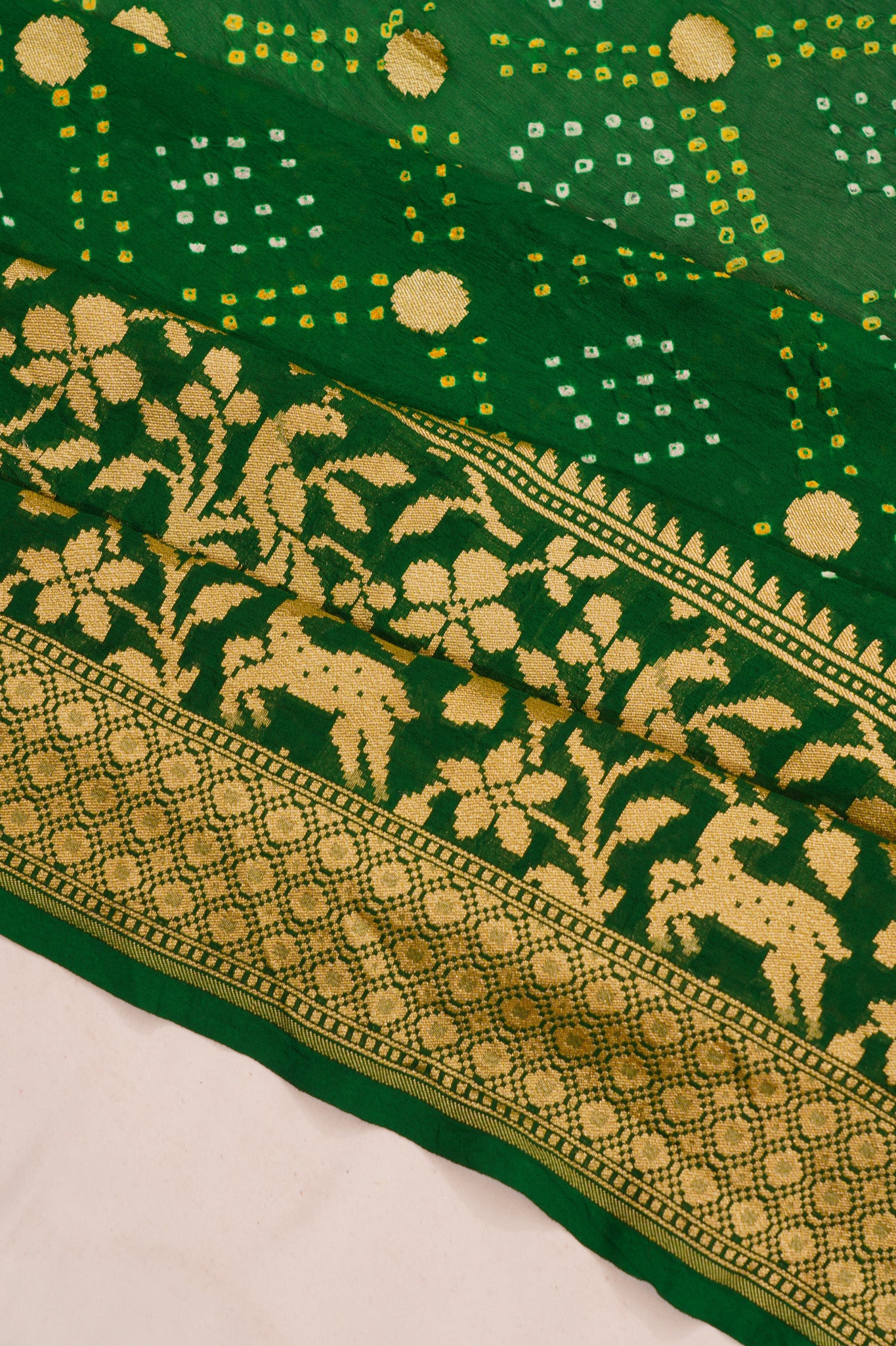 Banarasi Silk Bandhani Butta Dark Green Saree
