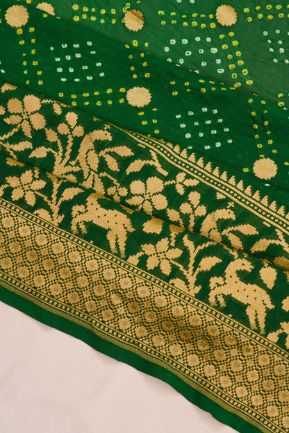 Banarasi Silk Bandhani Butta Dark Green Saree