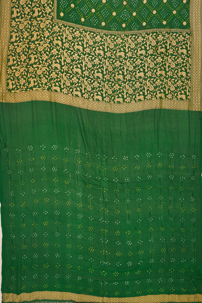 Banarasi Silk Bandhani Butta Dark Green Saree