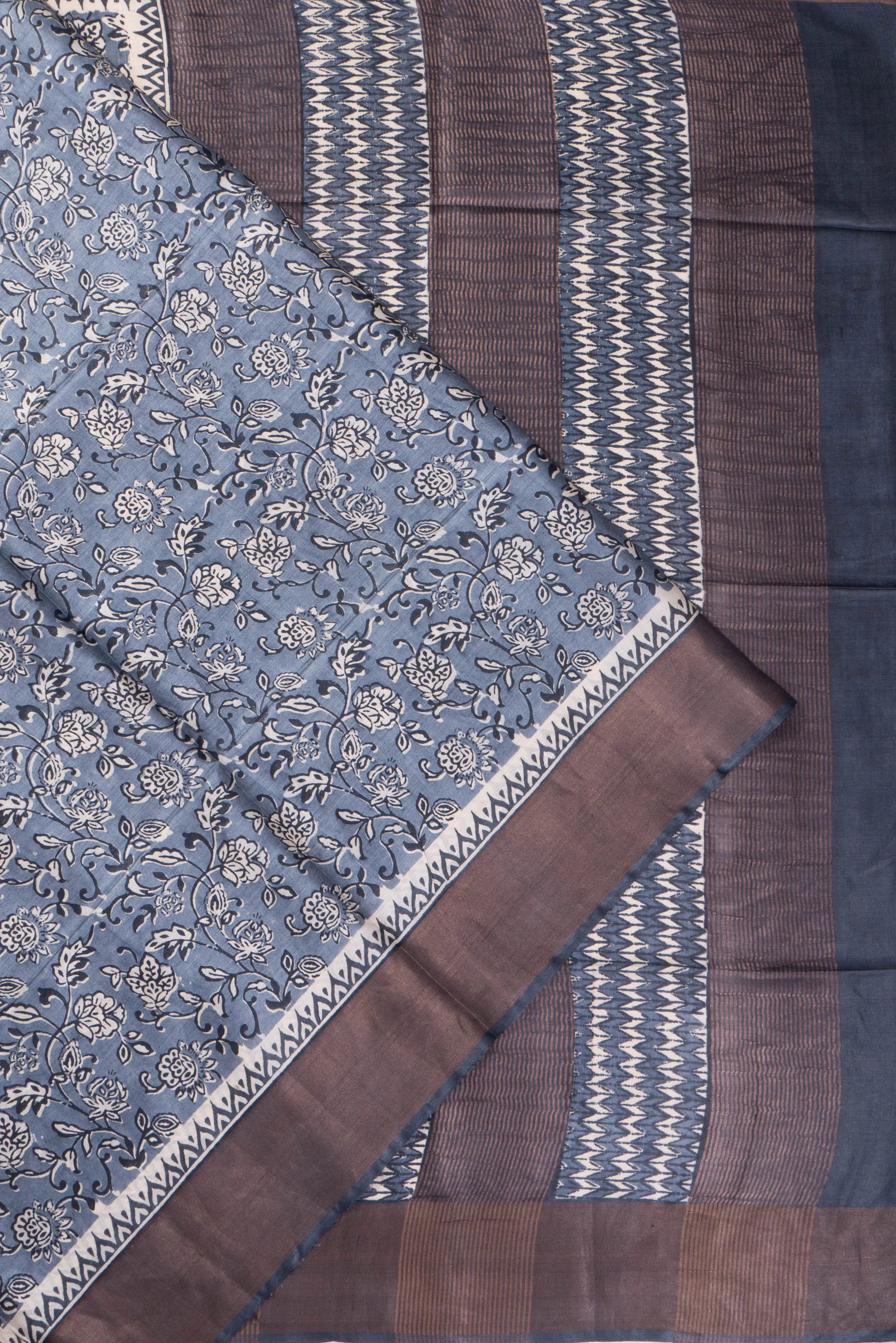 Tussar Floral Printed Grey Saree