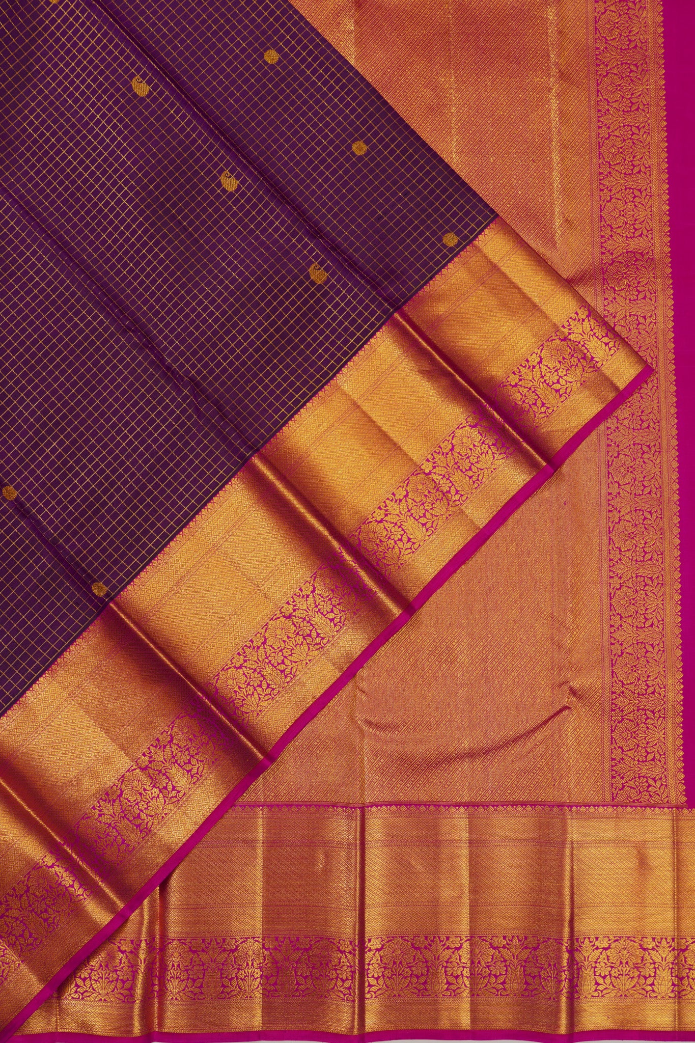 Kanchipuram Silk Checks And Butta Purple Saree