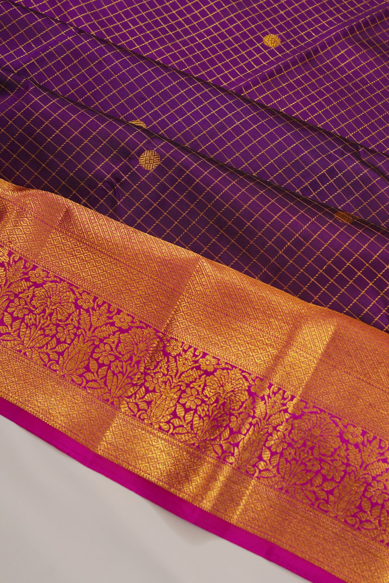 Kanchipuram Silk Checks And Butta Purple Saree