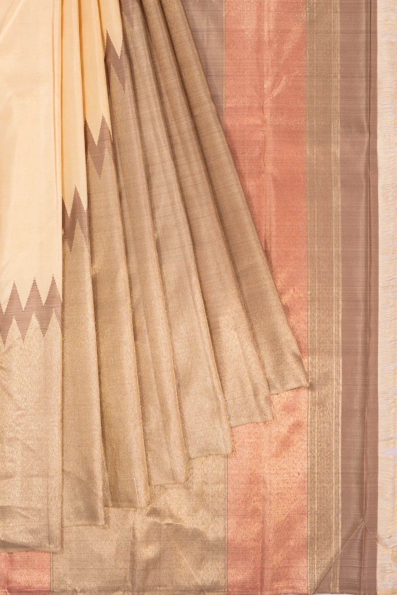 Kanchipuram Silk Raising Temple Lines Beige Saree