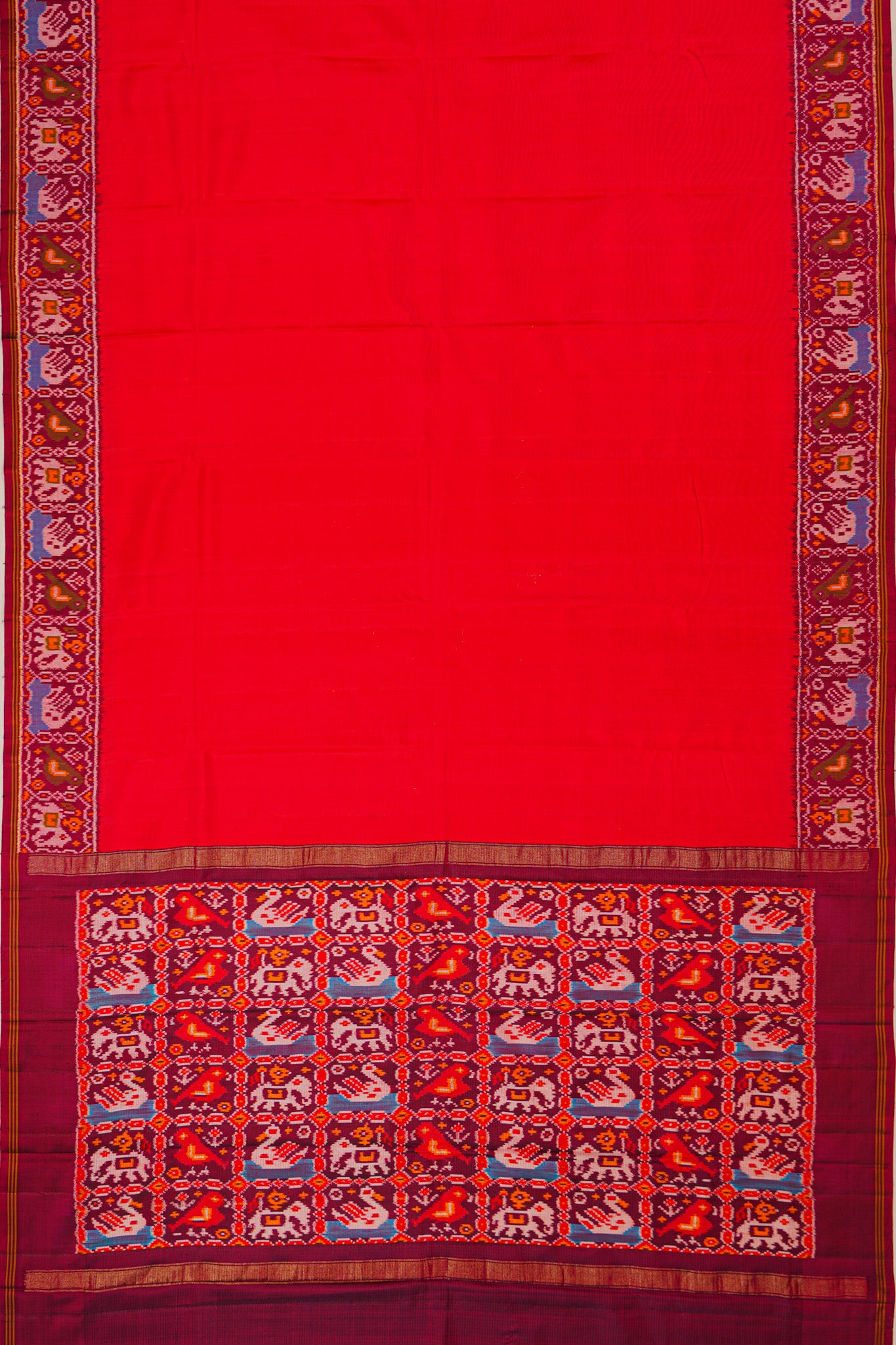 Semi Patan Silk Ikat Plain Red Saree