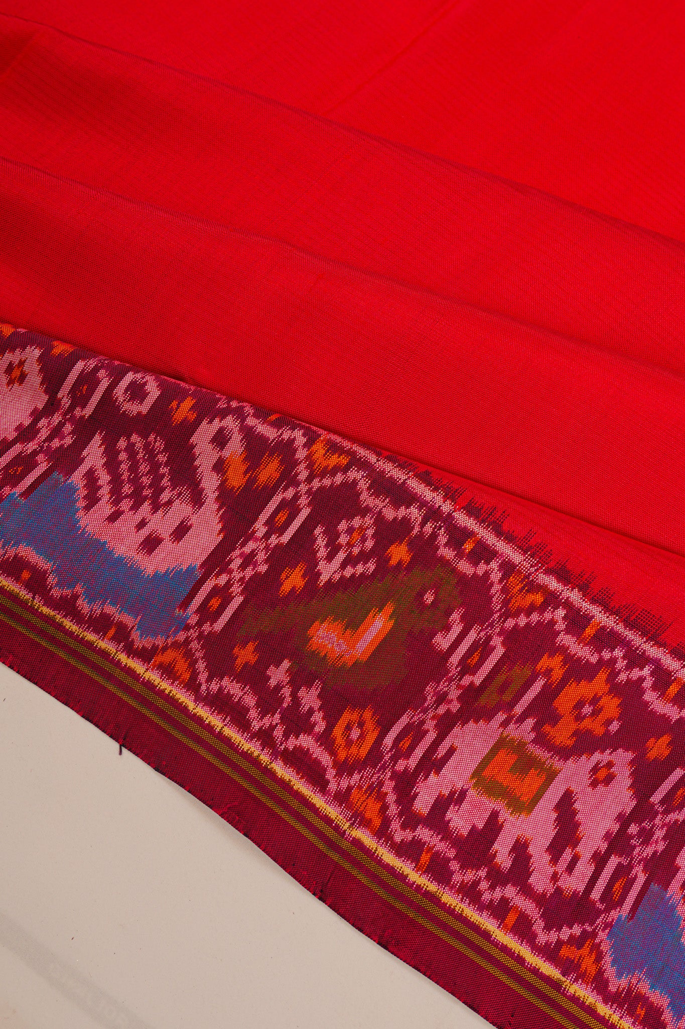 Semi Patan Silk Ikat Plain Red Saree
