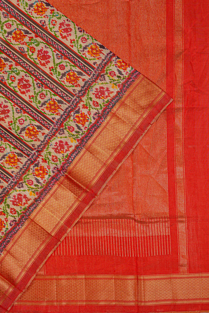 Kanchipuram Silk Ikat Brocade Cream Saree