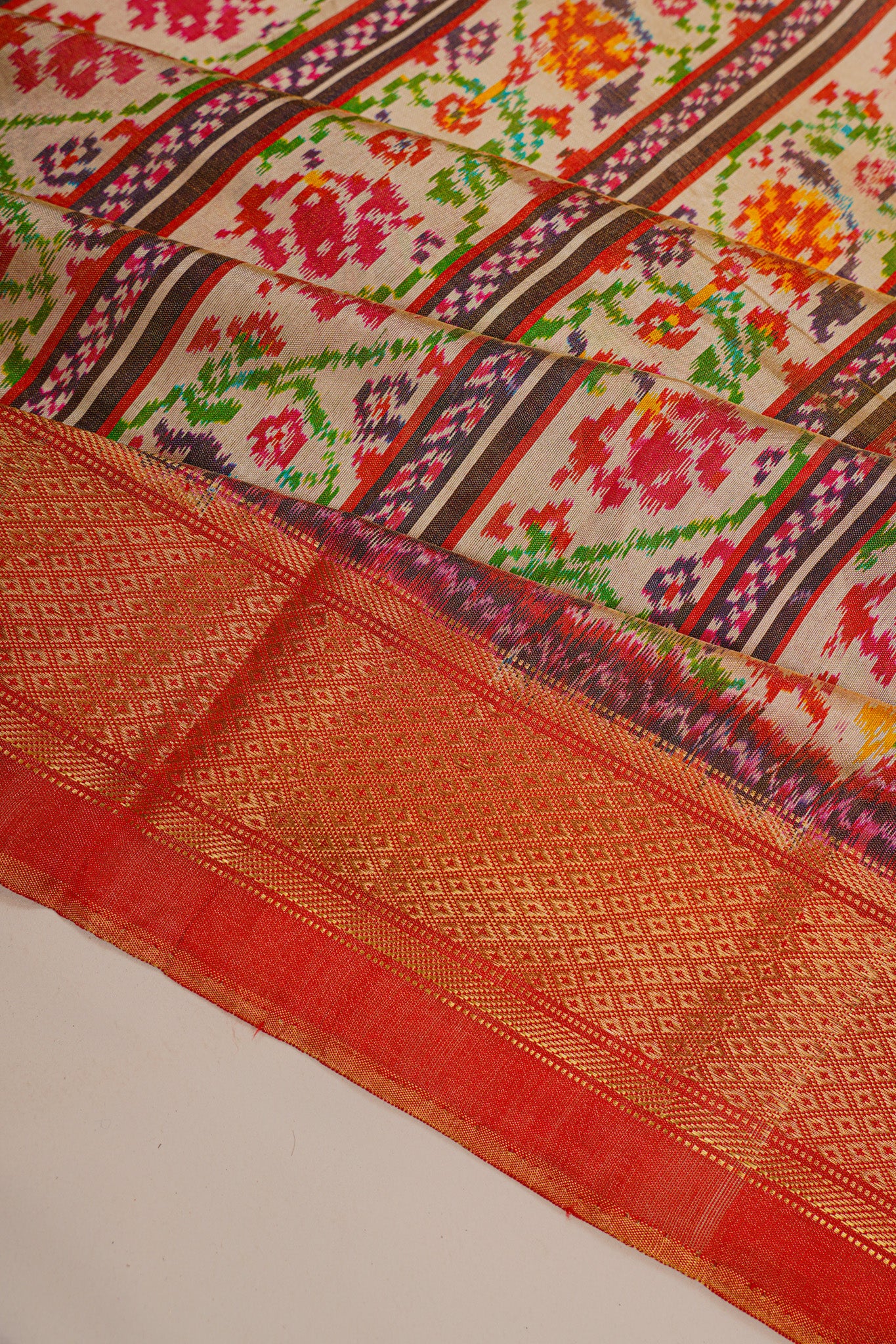 Kanchipuram Silk Ikat Brocade Cream Saree
