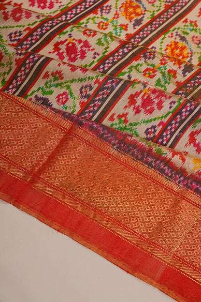 Kanchipuram Silk Ikat Brocade Cream Saree