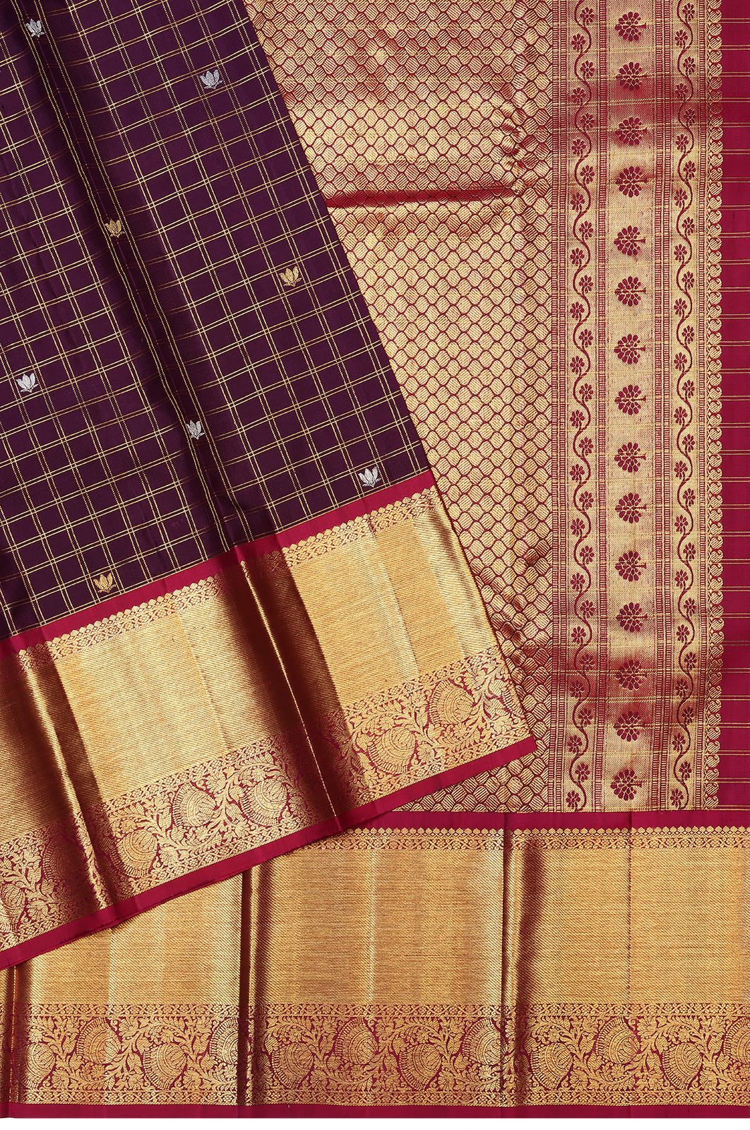 Taranga Kanchi Silk Checks And Butta Burgundy Saree