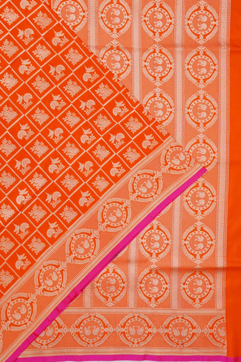 Banarasi Silk Phekwa Checks And Butta Orange Saree