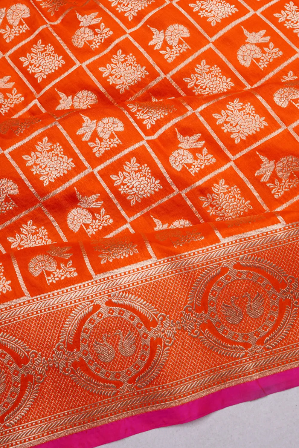 Banarasi Silk Phekwa Checks And Butta Orange Saree