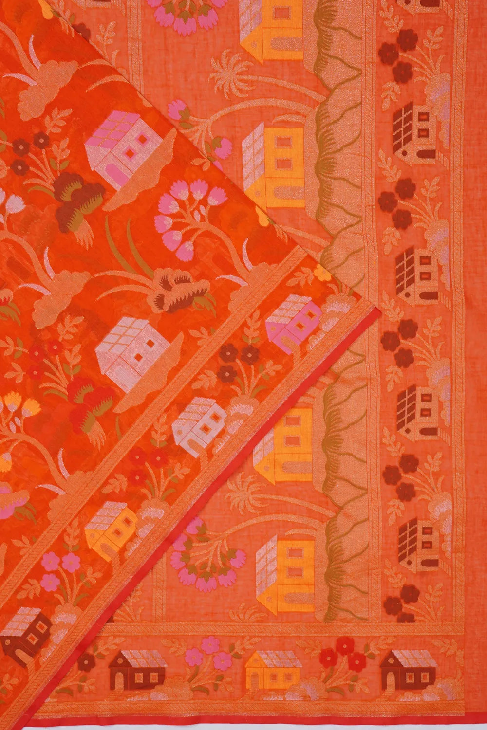 Banarasi Cotton Brocade Orange Saree