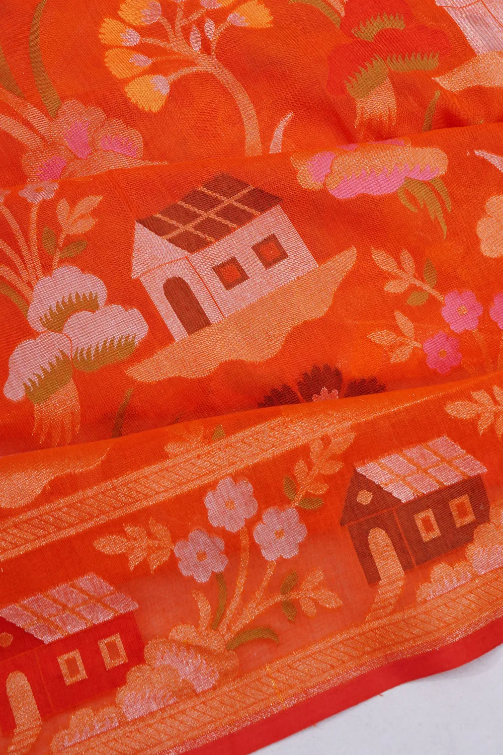 Banarasi Cotton Brocade Orange Saree