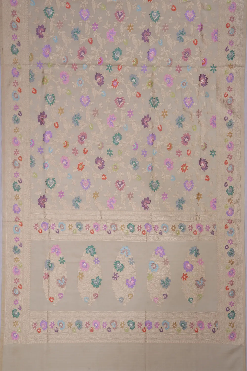 Banarasi Silk Tissue Meenakari Kadwa Jaal Beige Saree