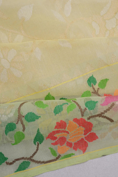 Banarasi Cotton Jamdani Jaal Pale Yellow Saree