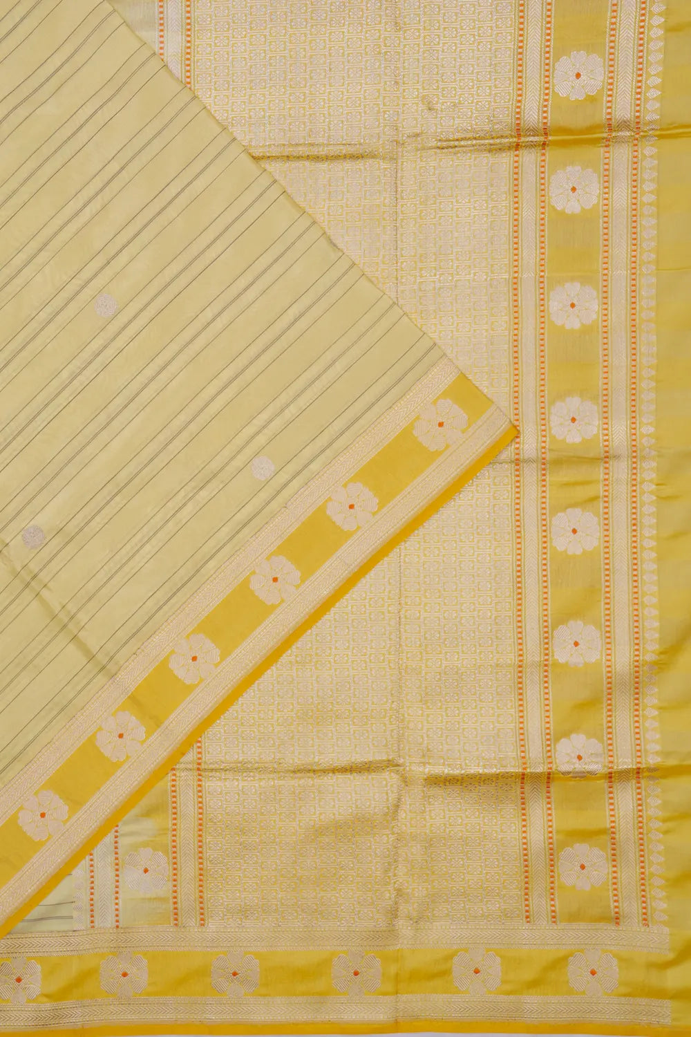 Banarasi Kora Organza Horizontal Lines And Butta Pale Yellow Saree