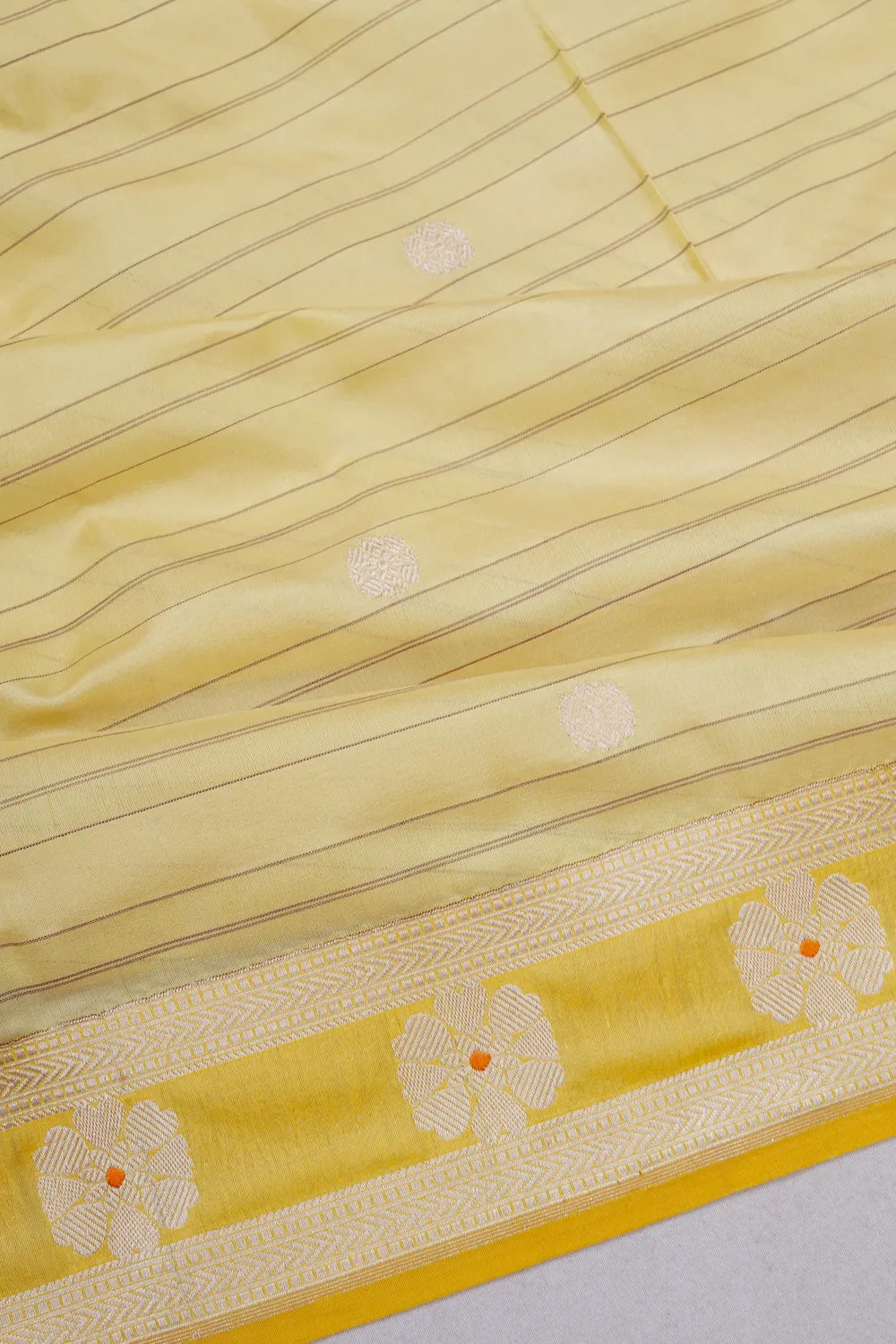 Banarasi Kora Organza Horizontal Lines And Butta Pale Yellow Saree