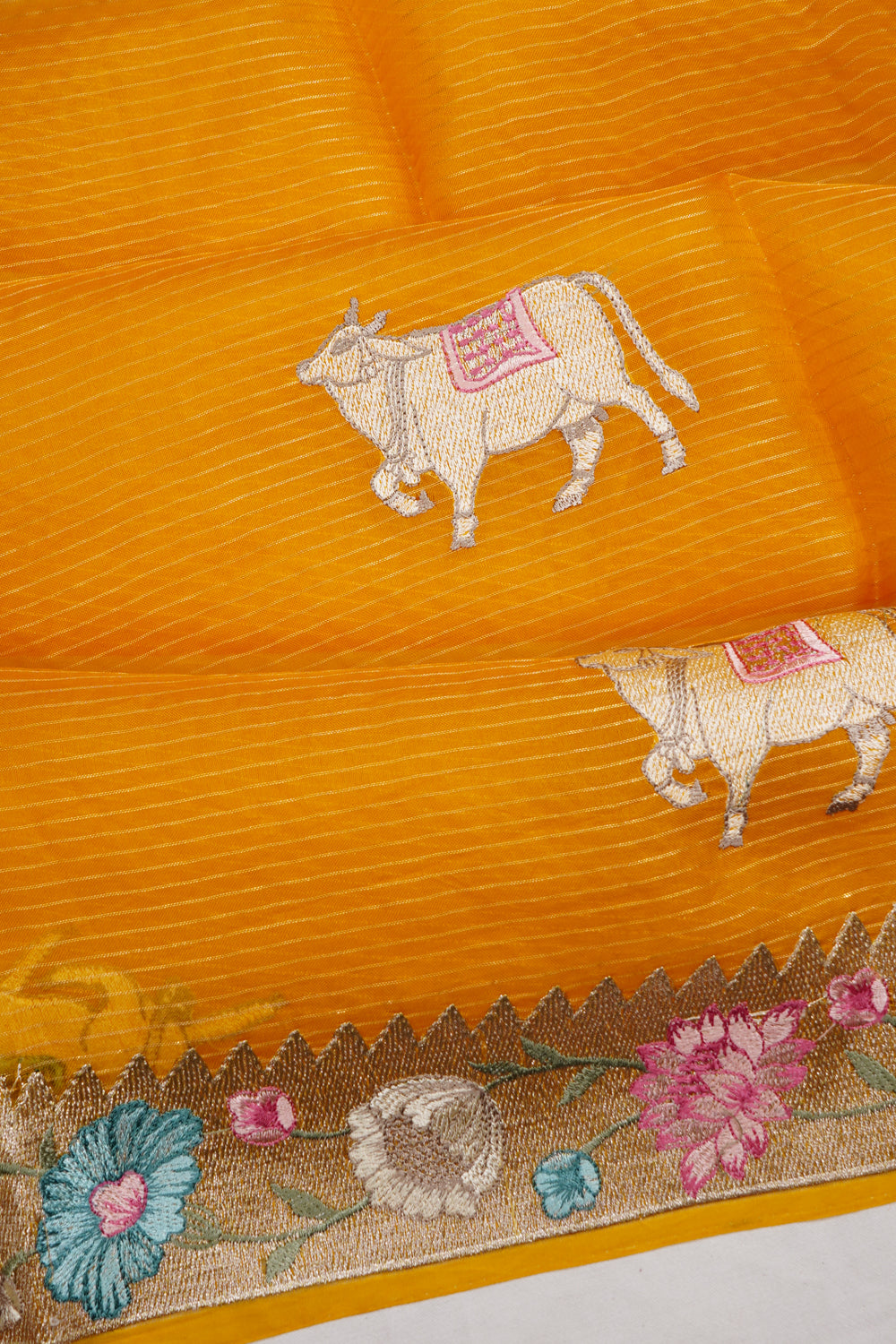 Organza Horizontal Lines And Pichwai Embroidery Butta Yellow Saree