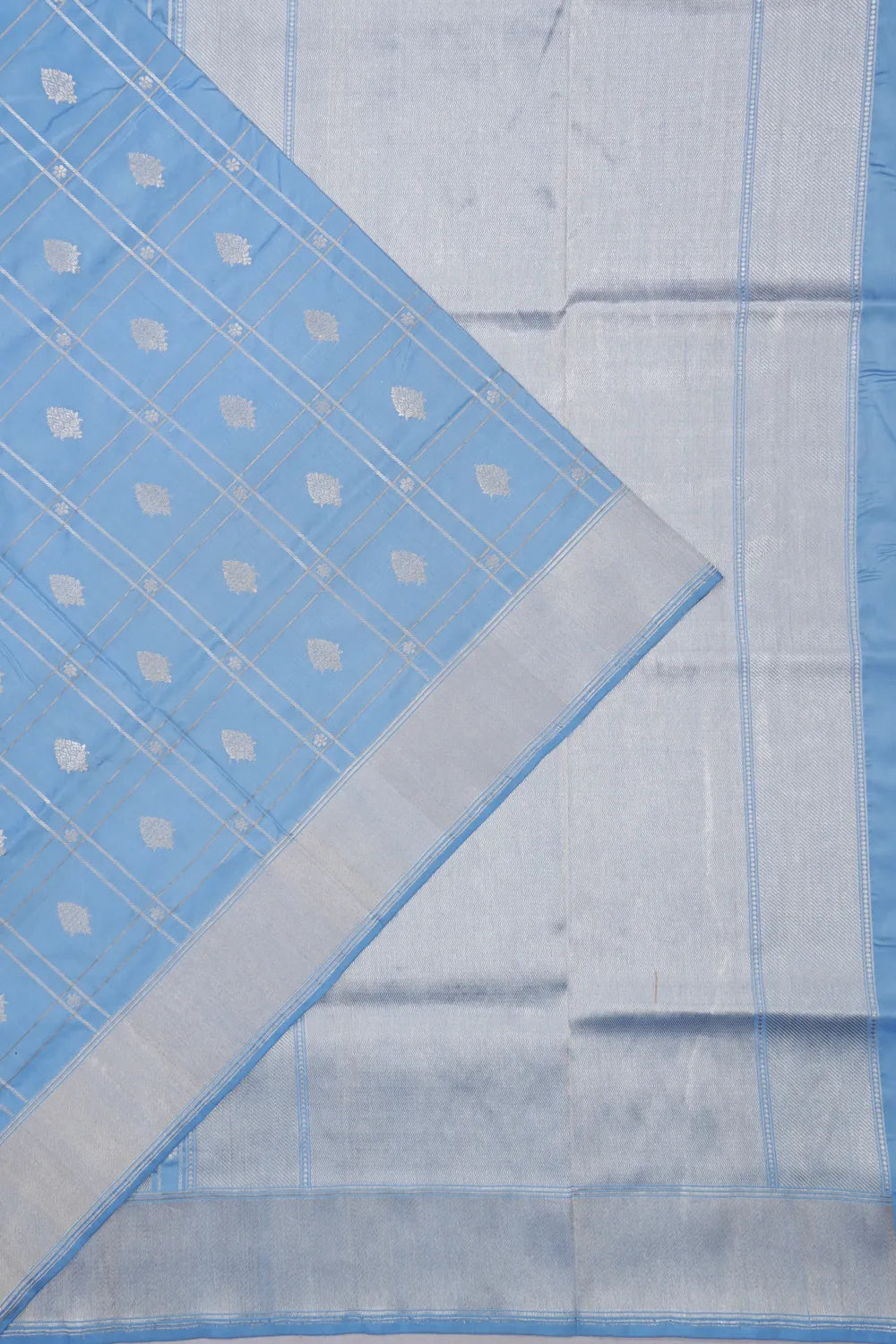 Banarasi Silk Kadwa Checks And Butta Powder Blue Saree