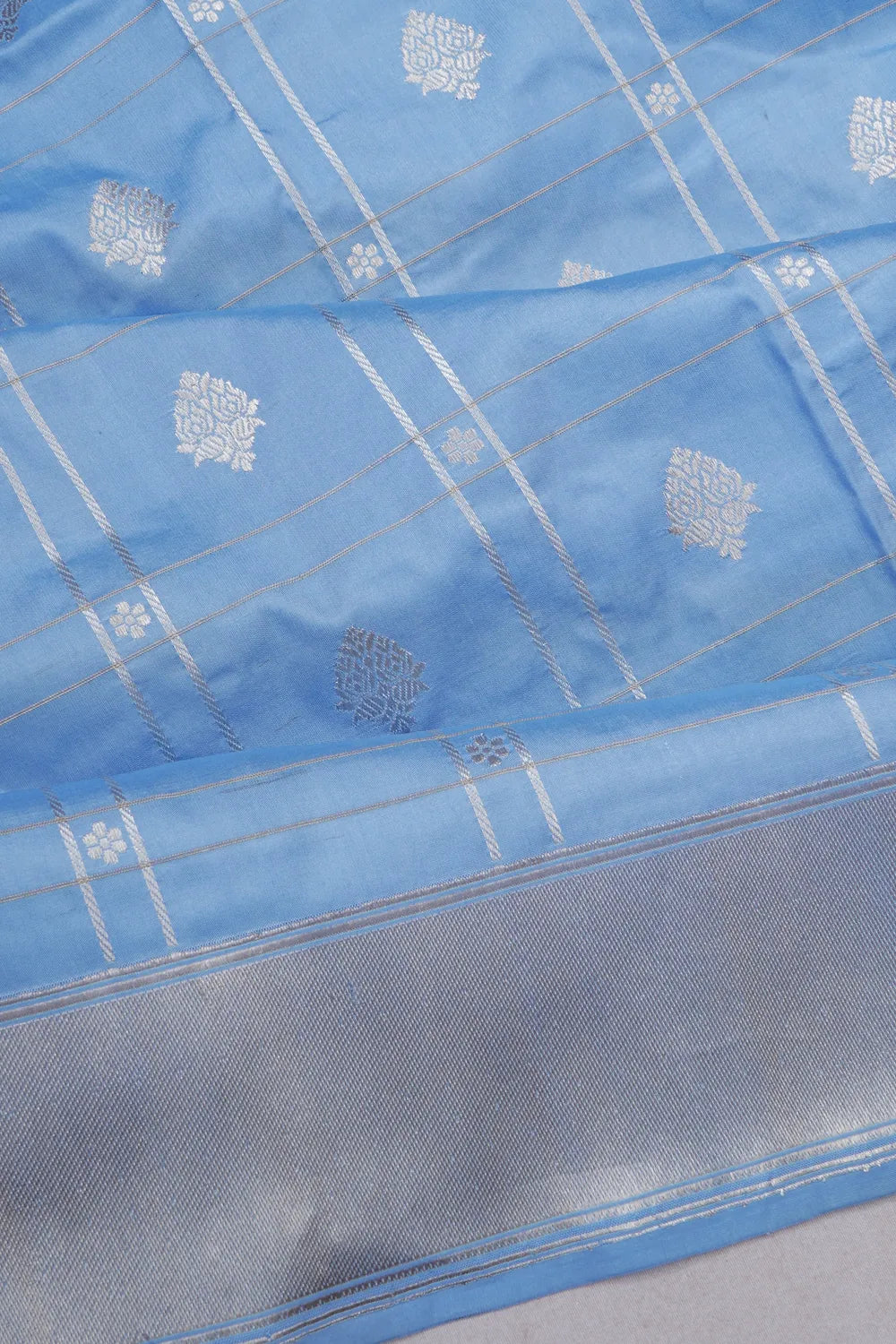 Banarasi Silk Kadwa Checks And Butta Powder Blue Saree